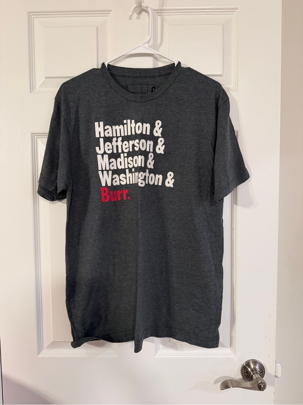 Hamilton Large Short-Sleeve Graphic Tee in Dark Gray with White & Red Print
